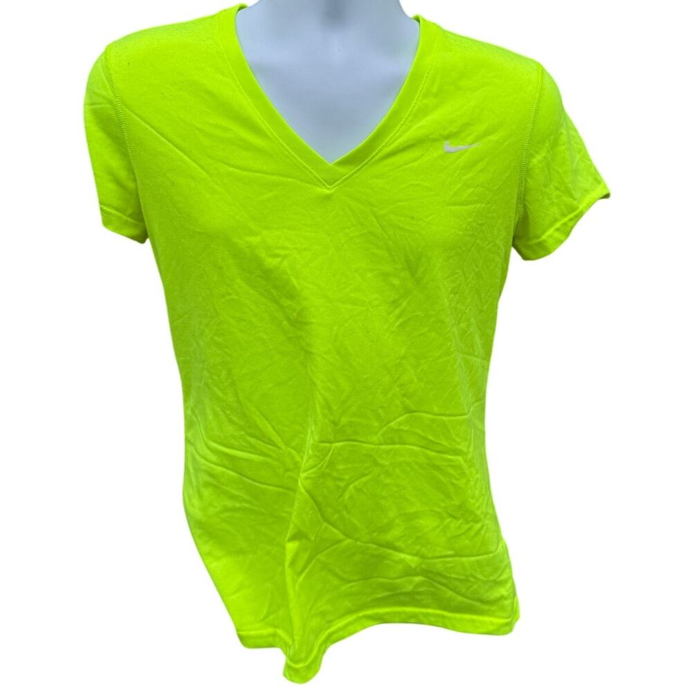 Nike Dri-Fit Womens SZ M V-Neck Short Sleeve T-Shirt Neon Yellow Workout Sport